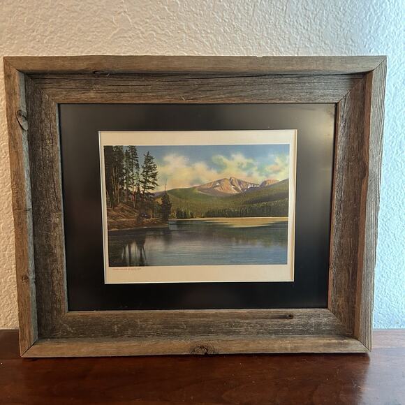 Rustic Wooden Frame Sylvan Lake Top Notch Peak Yellowstone Vtg 30s Haynes Print - Picture 1 of 7